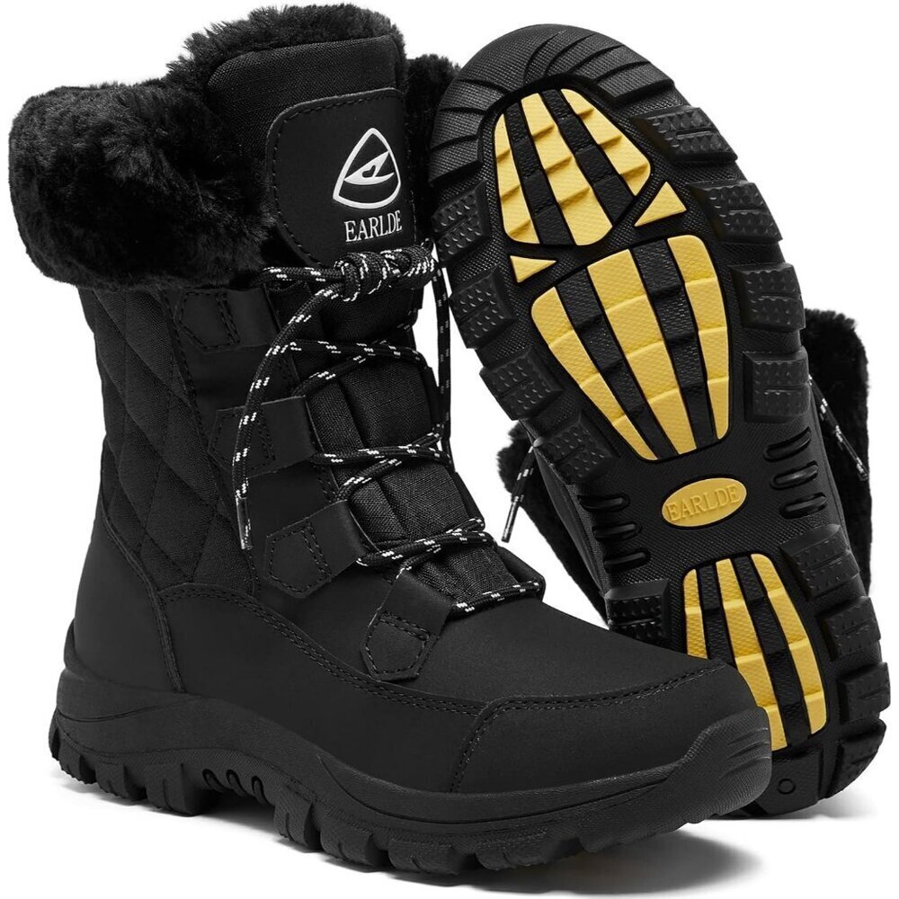 Women’s Black Wheat Strip Waterproof Snow Boots Mid-Calf Faux Fur Lined Non-Slip